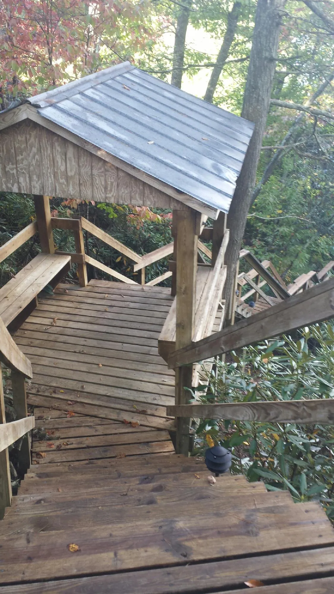 Metal roofed shelter over wooden steps on a wooded walkway — Skylight Repair & Installation work by our crew in Ulmer